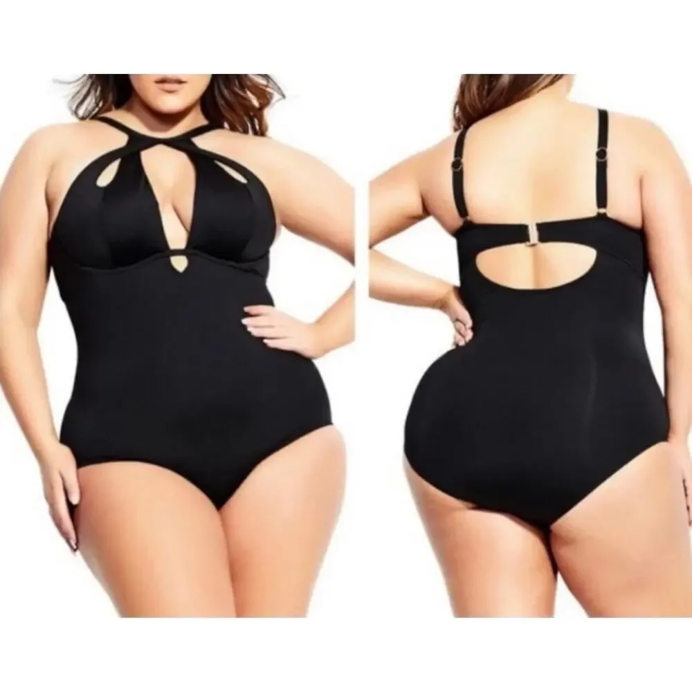 City Chic Cancun Underwire one-piece swimsuit black plunging neckline,size large